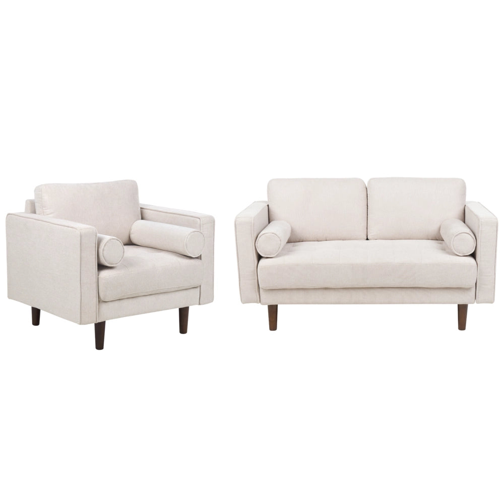 Set da soggiorno divano 2 posti e poltrona Imbottiti in tessuto beige con schienale imbottito stile retrò soggiorno