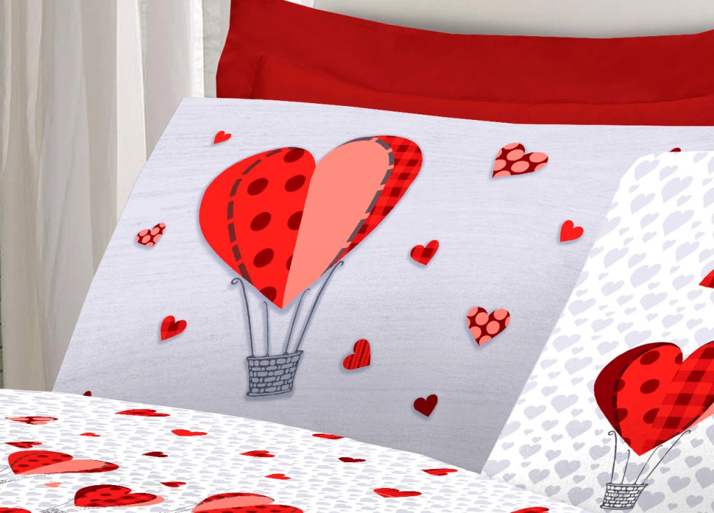 Completo Lenzuola Linea Pensieri Delicati 100% Cotone Disegno Mongolfiera - Matrimoniale - Rosso