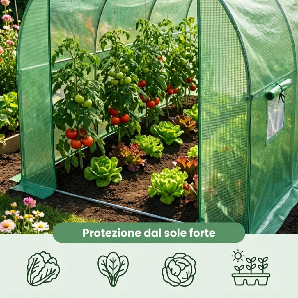 Serra da giardino a tunnel con struttura in metallo e telo in PE 1 porta 6 finestre Verde 200x300x200 cm