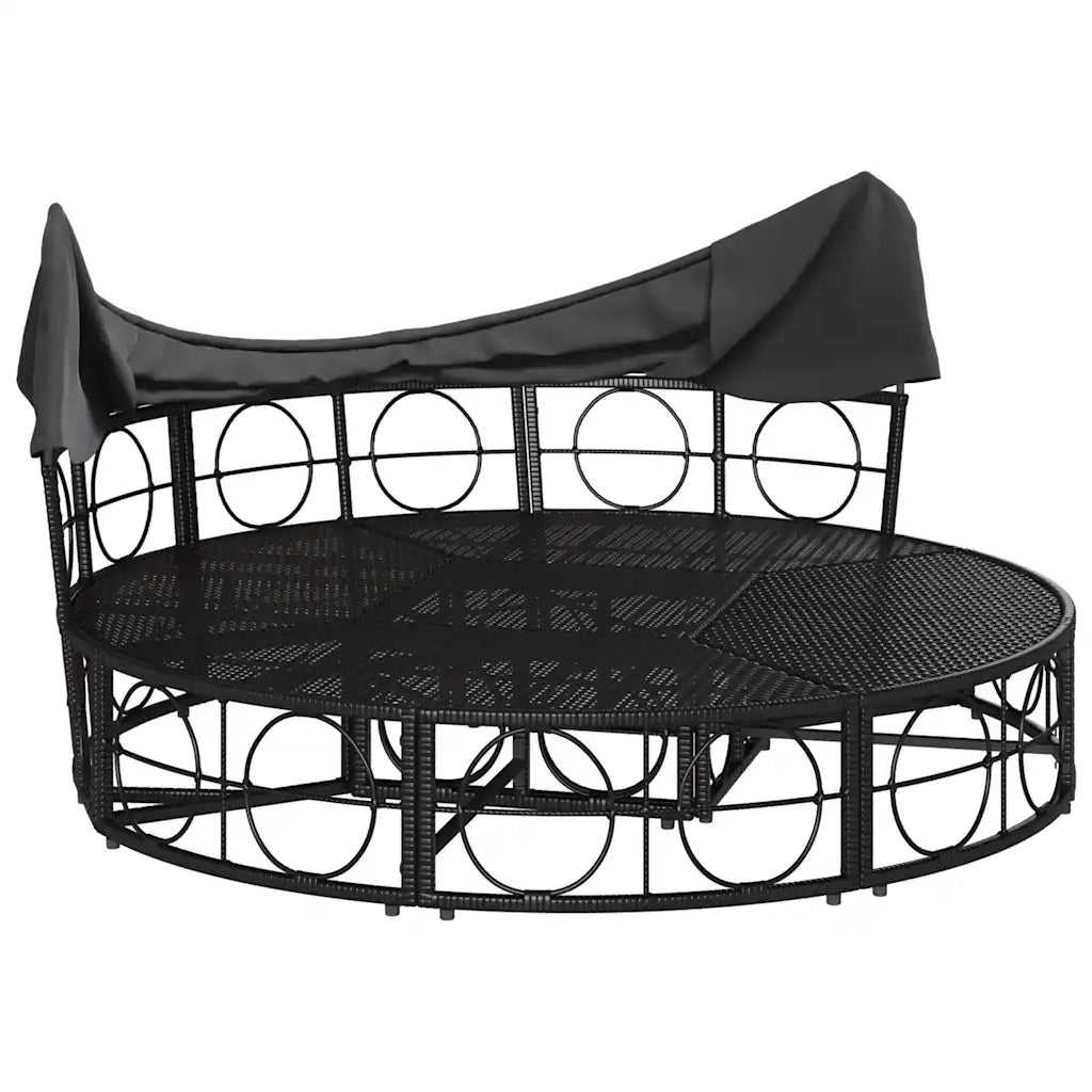 Lettino Prendisole | Sdraio da giardino | Lettino da sole Esterno Tetto e Cuscini Nero in Polyrattan