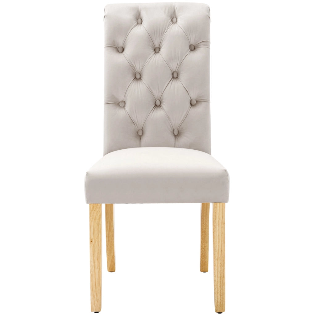Set di 6 sedie da pranzo in velluto con gambe in legno di quercia; beige