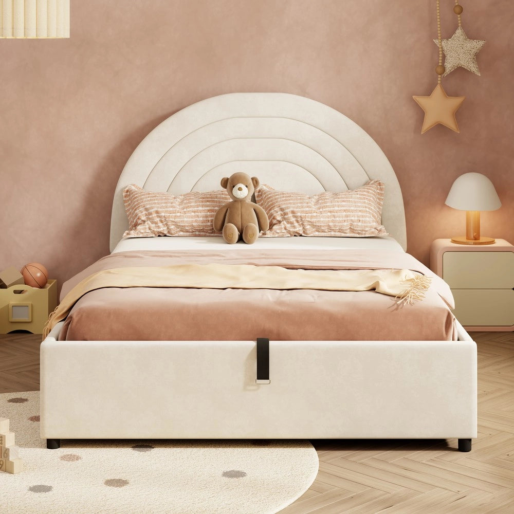 Letto Imbottito con Materasso 140x200 ¨C Xylo ¨C Velluto Beige, Testiera, Rete a Doghe