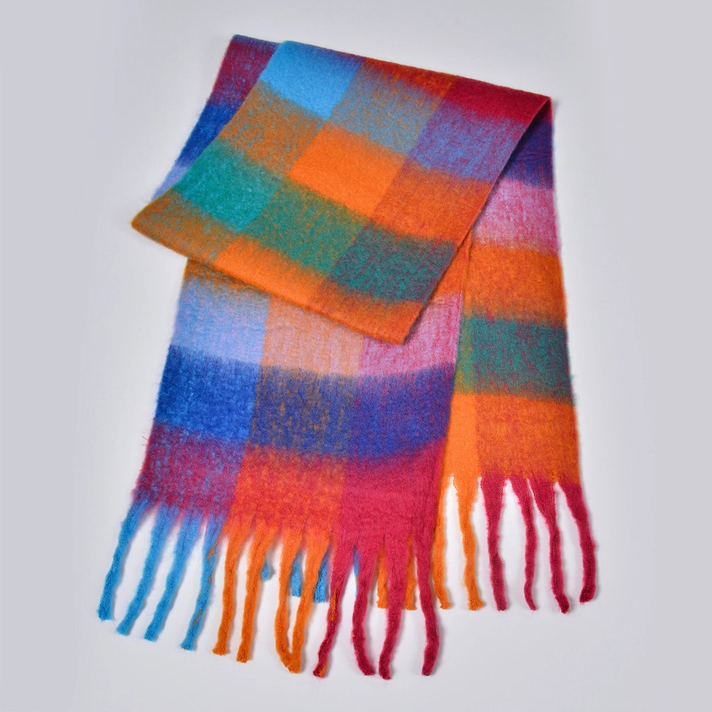 Nuova sciarpa a quadri arcobaleno, elegante, spessa, calda, lunga sciarpa a quadri con nappe