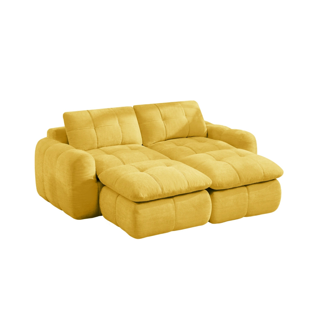 Divano modulare 2 posti senza montaggio con pouf; seduta ampia in tessuto chenille - giallo