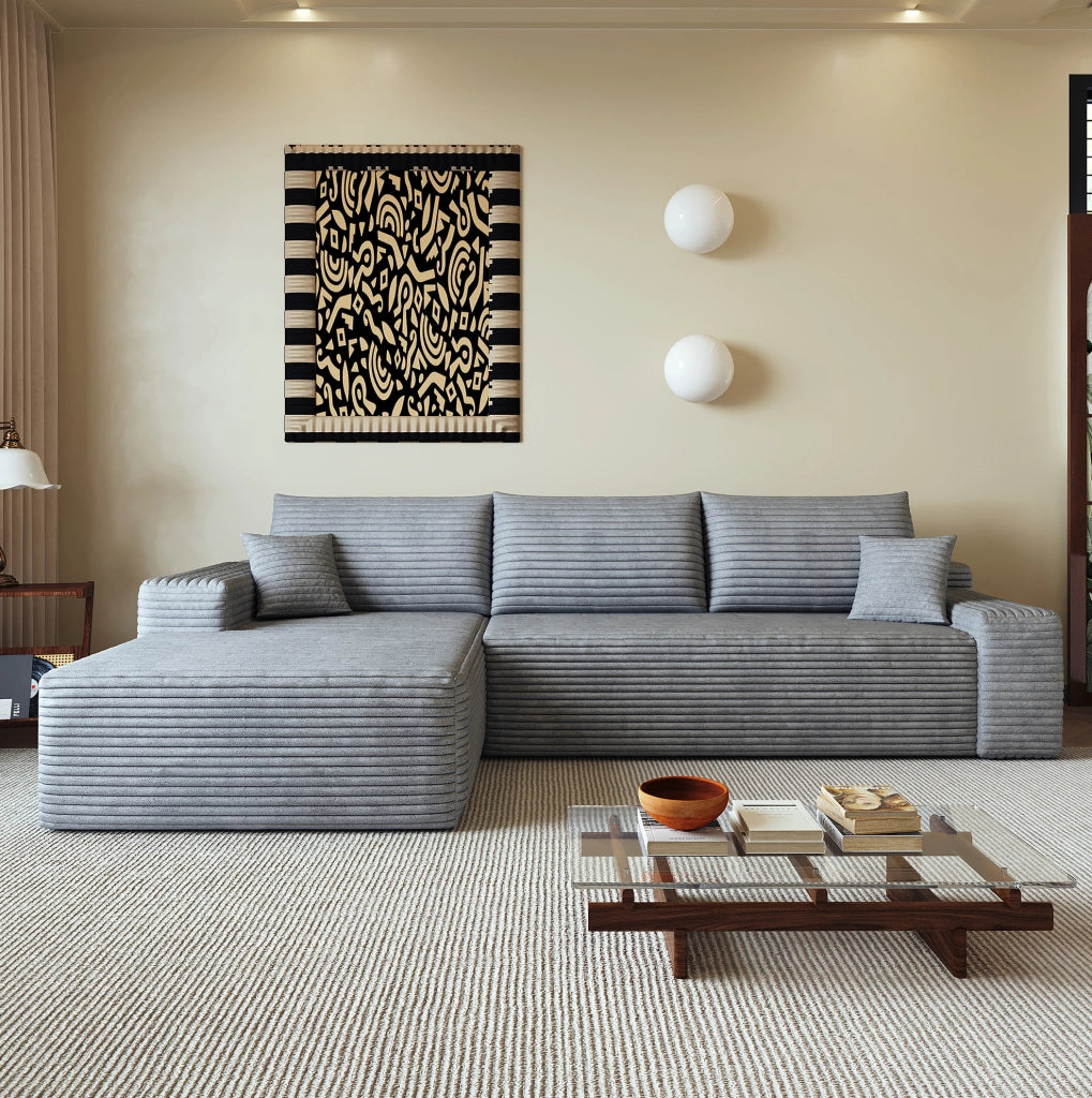 Divano modulare con chaise longue a L in tessuto grigio; seduta profonda; senza attrezzi