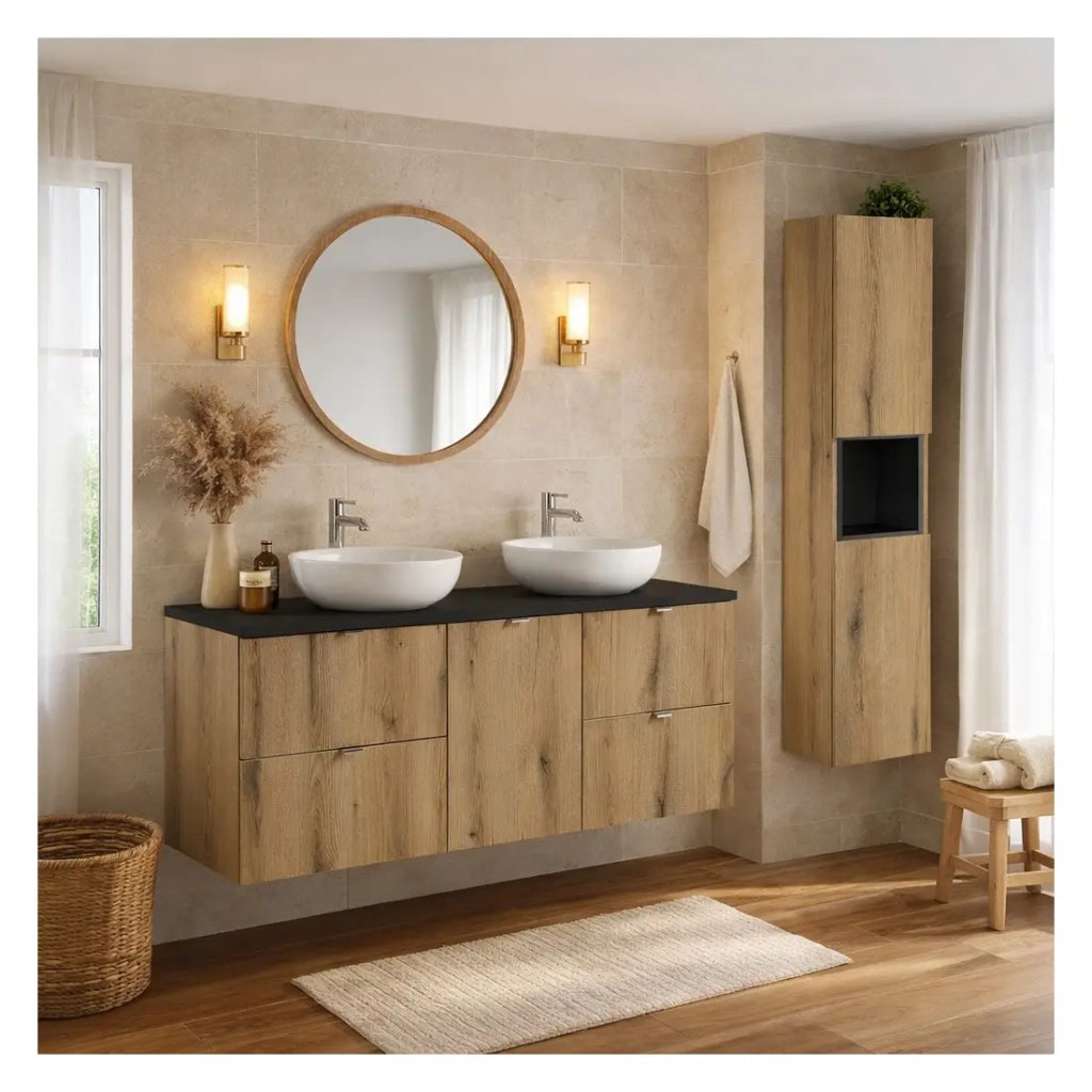 Set VANO effetto rovere e nero 170cm: mobili sottolavello con cassetti e cesto portabiancheria integrato + piano per lavabo + colonna