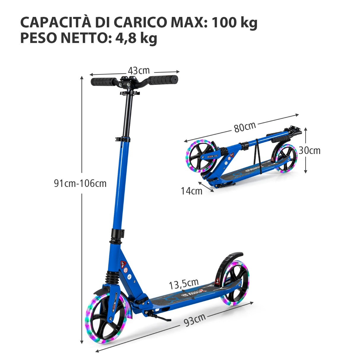 Monopattino con luci LED e ruote silenziose per bambini pi¨´ di 8 anni, Monopattino pieghevole con tracolla Blu-Monopattini