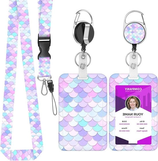 Etichetta identificativa con lanyard retrattile, raccoglitore di carte in plastica con clip a spirale e cordoncino di chiusura rimovibile - Blu-Verde