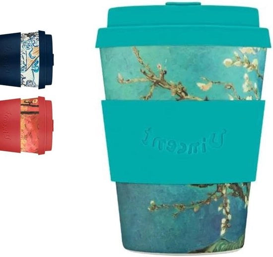 Tazza da caffè riutilizzabile ecosostenibile 350ml con coperchio e guaina in silicone - sicura per lavastoviglie e microonde - pieghevole con fiori di mandorlo in silicone