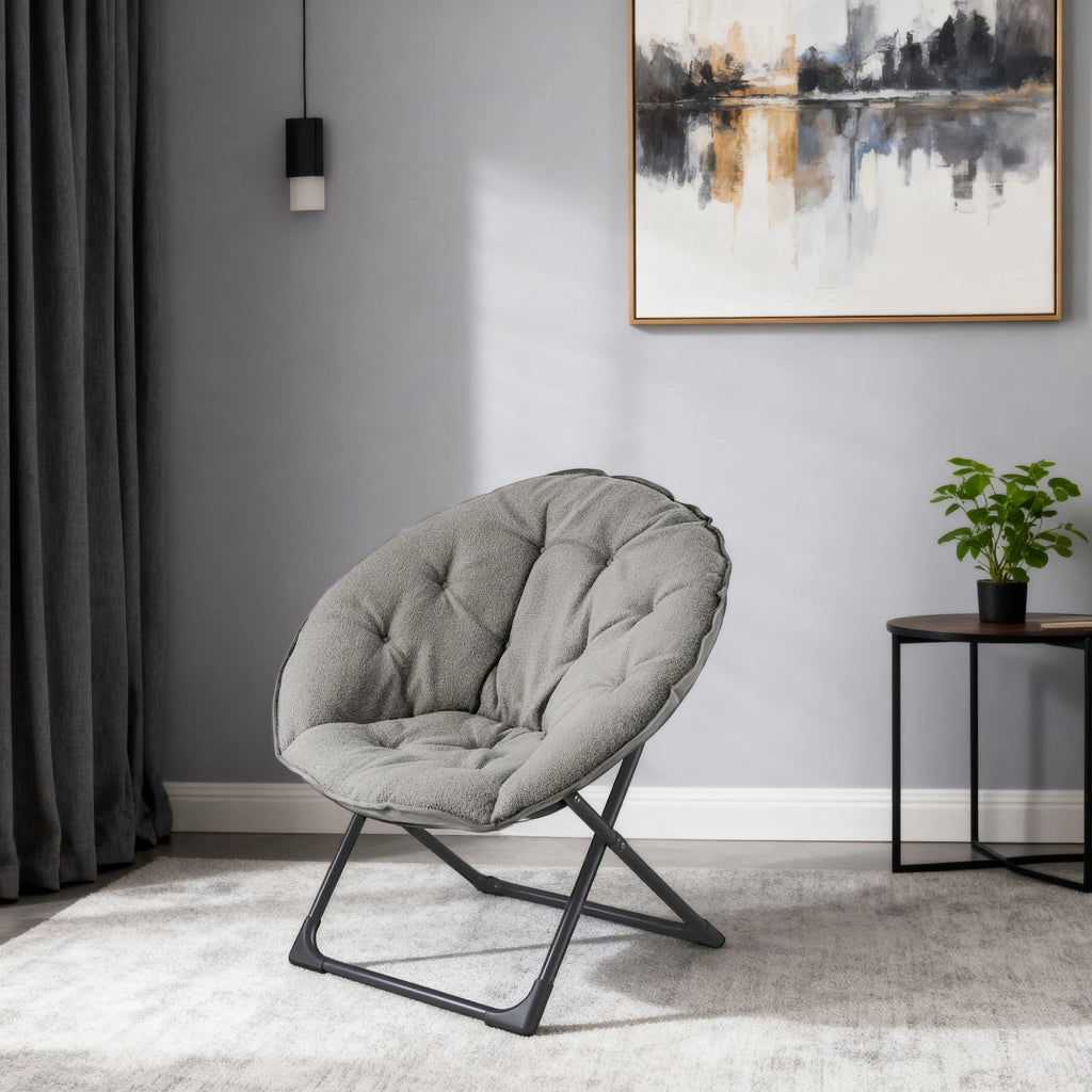 Poltrona Pieghevole Tonda ¨C MINIMAL ¨C Grigio, Tessuto Morbido, Sedia Relax per Camera