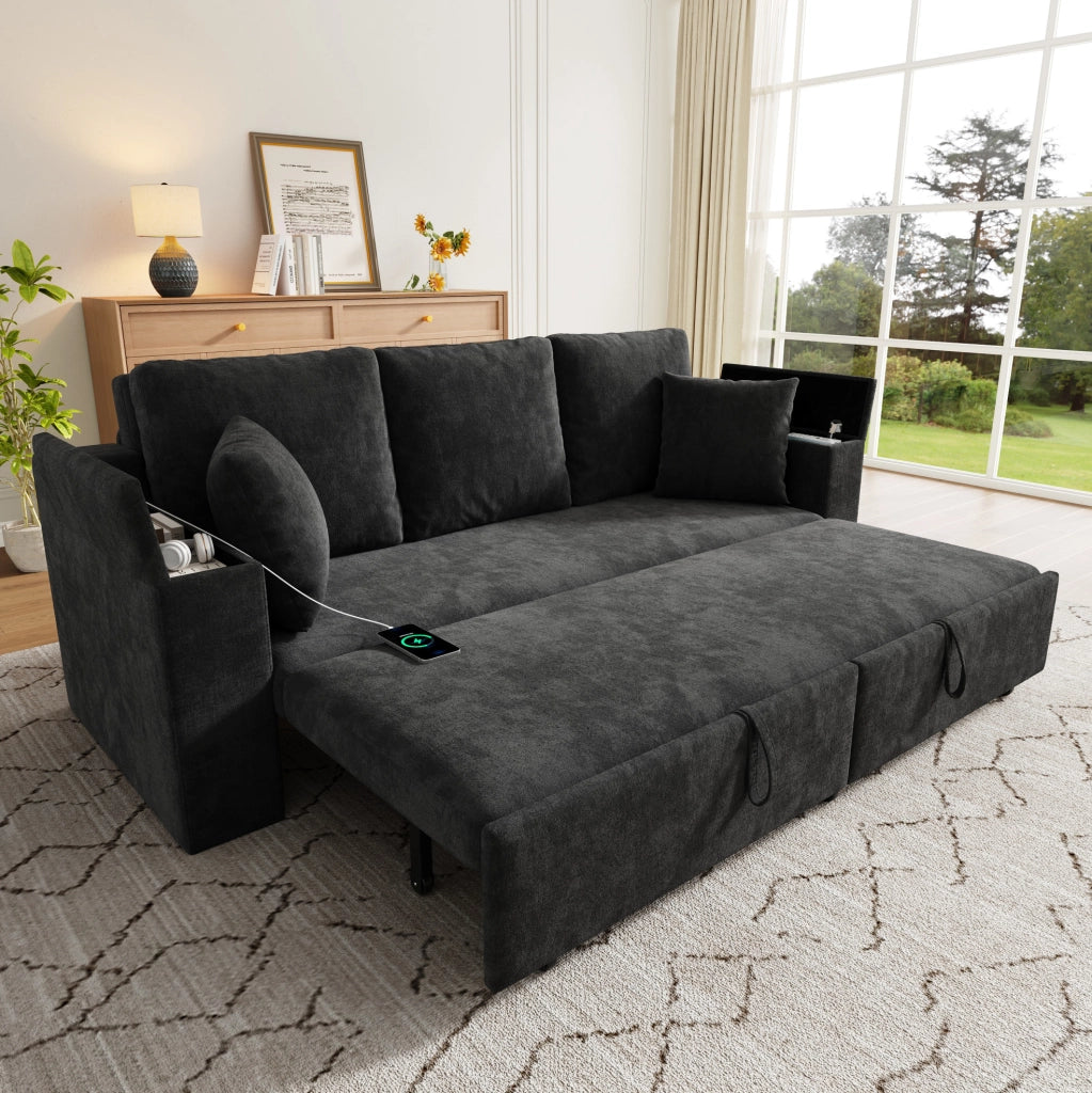Divano 3 posti trasformabile con funzione letto; USB e Type-C; 210;5 x 192 x 93 cm; grigio