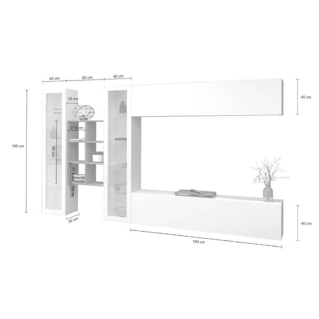 Mobile Soggiorno Alezio, Parete Attrezzata 18 Ripiani Made in Italy, 280x30x180h cm Bianco Lucido