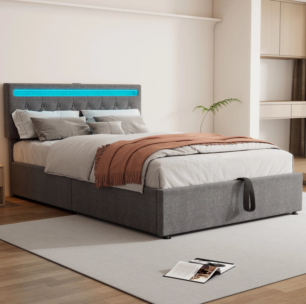 Letto imbottito 140x200 cm; LED e vano contenitore; lino grigio