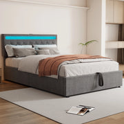 Letto imbottito 140x200 cm; LED e vano contenitore; lino grigio