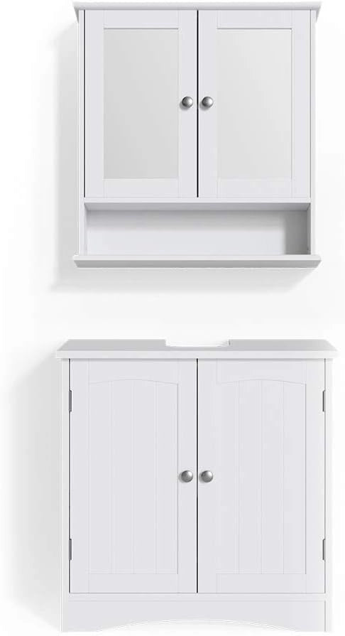 Set mobili bagno Bianco, Bianco, 60 cm, composto da mobile sottolavabo, specchiera e colonna alta