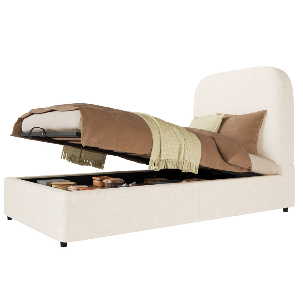 Letto per bambini 90x200 cm con contenitore idraulico; tessuto bouclé beige