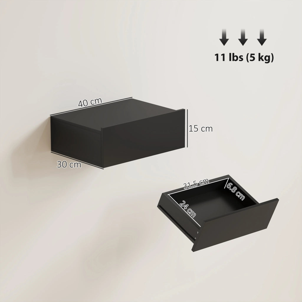 Set di 2 Comodini Sospesi Moderni con Cassetto in Legno, 40x30x15cm, Nero