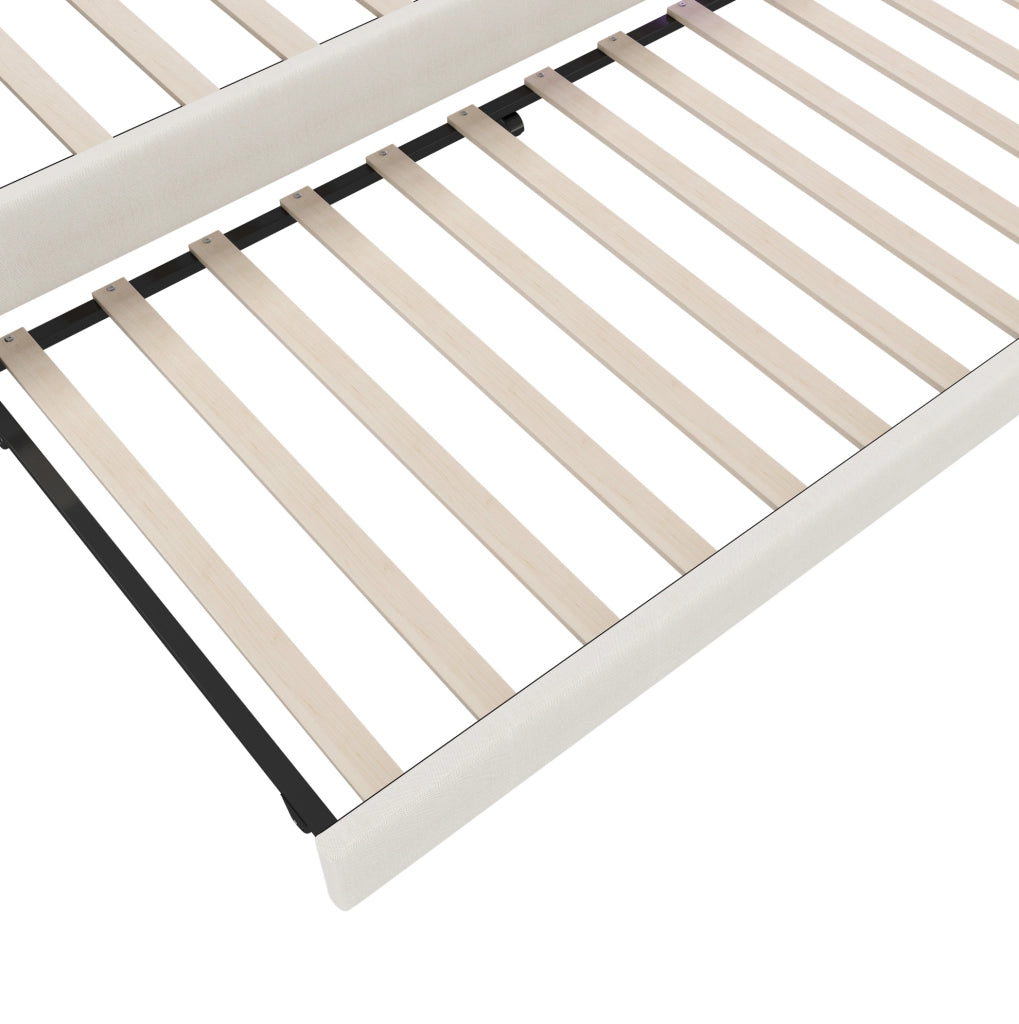 Letto 140x200 cm con LED; USB e vani portaoggetti in lino beige