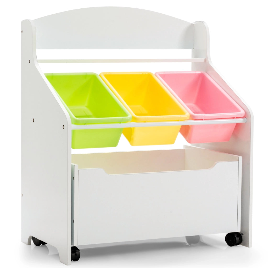 Libreria di legno con ruote per bambini, Organizer libri e giocattoli con 3 cesti, Bianco