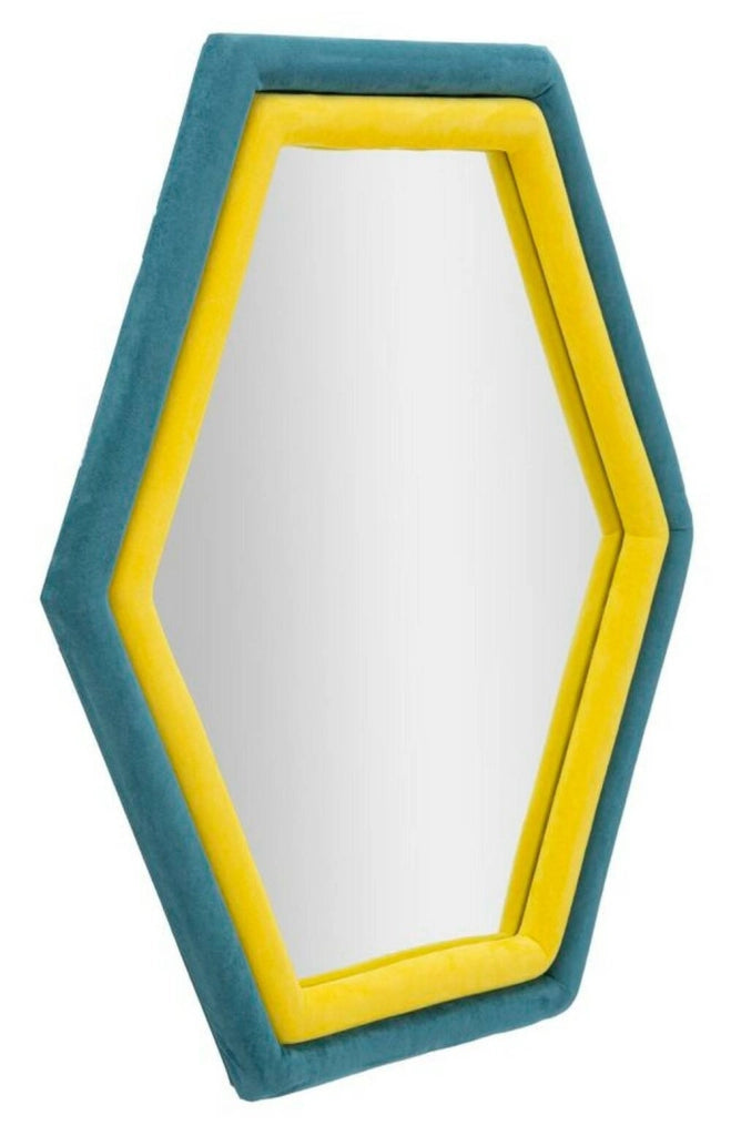 Specchio Balla, Specchiera, Articolo d'arredo a muro, Decorazione con specchio, 75x4 h80 cm, Blu e Giallo
