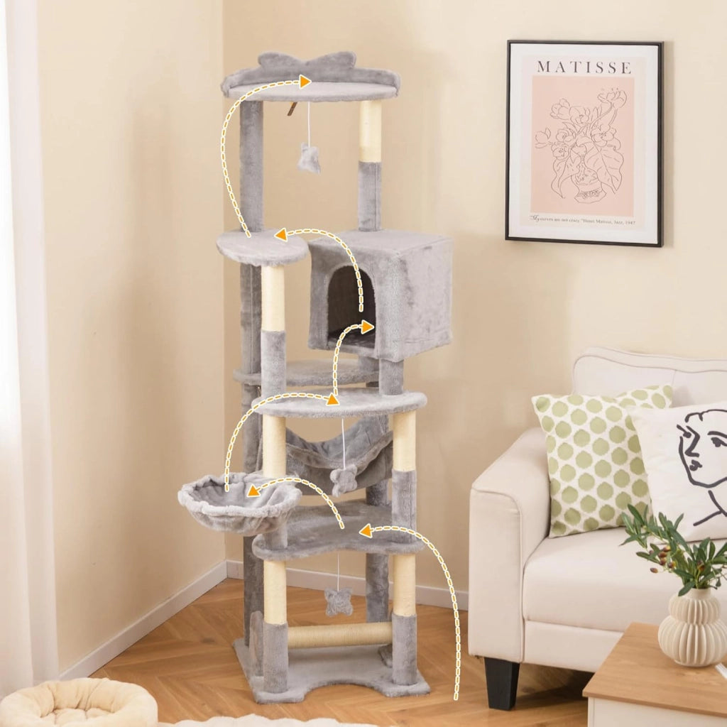 Tiragraffi 176cm, Albero per Gatti con Letto a Cesta, Amaca, Palline, Piattaforme di Salto, Giocattoli, Torre per Animali Domestici da Interno, Grigio