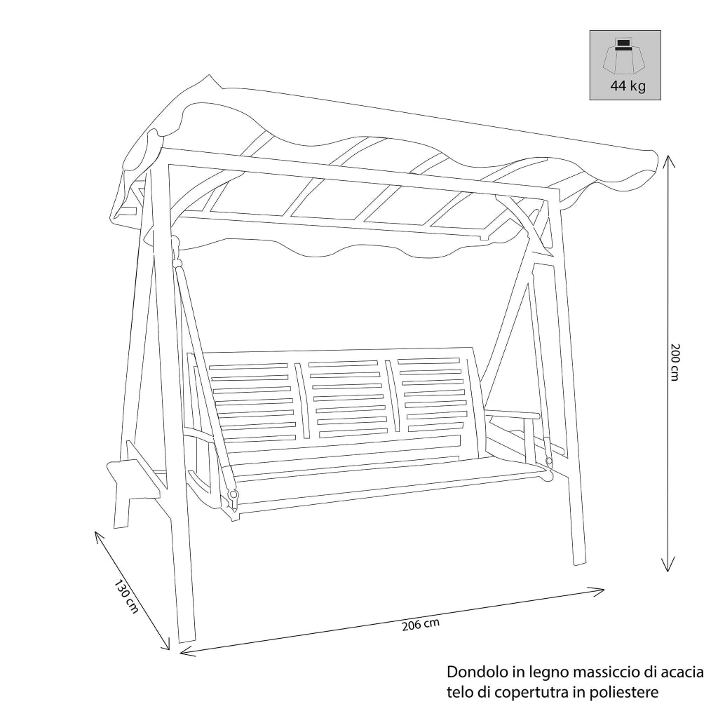 Dondolo da Giardino 3 posti in Legno Acacia cm 206x130x200 - ALADIN