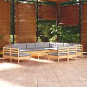 Set Divani da Giardino 13 pz con Cuscini Grigi Massello di Pino cod mxl 42546