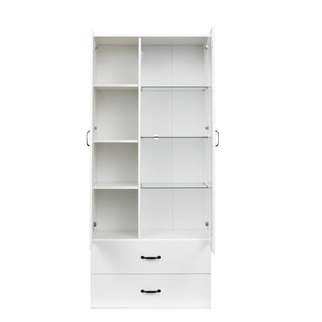 Vetrina LED bianca con 2 ante e 2 cassetti, mobile espositore da terra in truciolare 59,5x35x182 cm