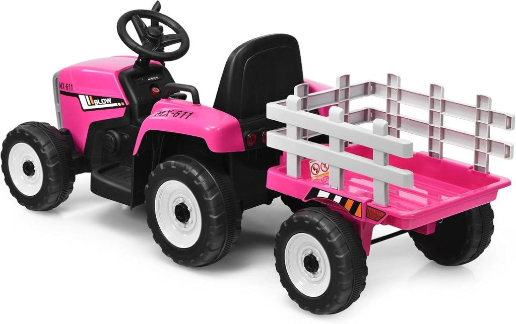 Trattore Elettrico per Bambini 12V con Rimorchio Rimovibile, Trattore Cavalcabile con Telecomando e Pedale Acceleratore, Veicolo con Multimedia, Clacson e Luci, Carico 30 kg (Rosa)