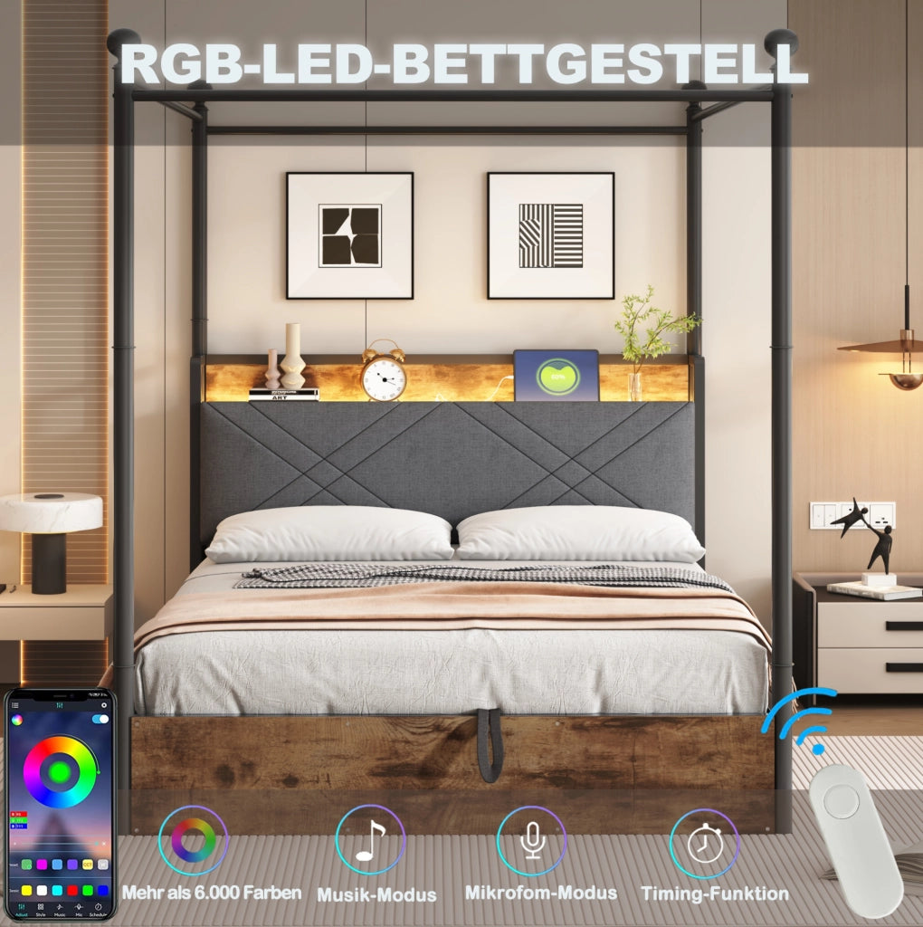Letto matrimoniale multifunzione 140x190 cm in metallo nero con baldacchino removibile; USB e LED