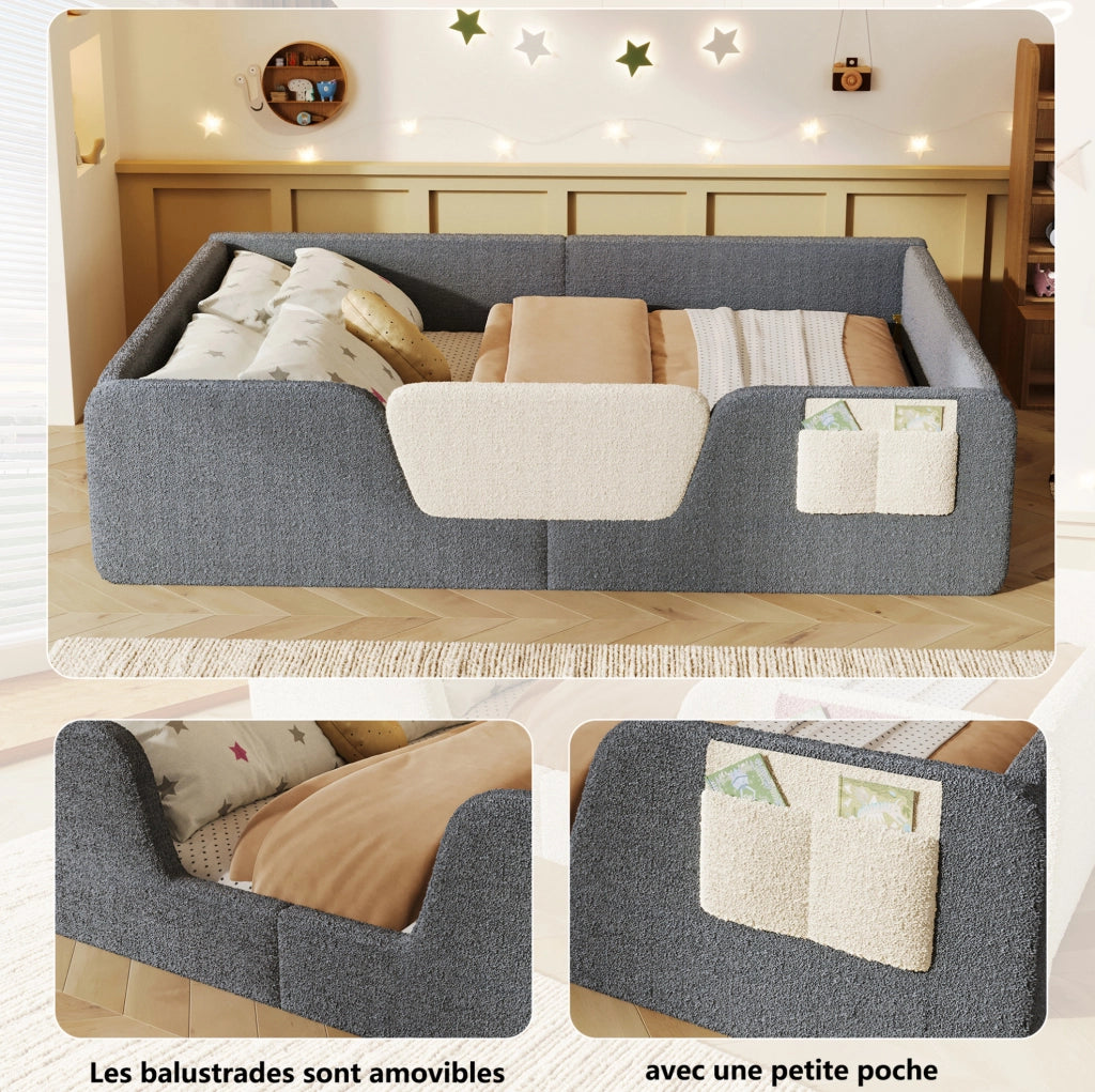 Letto imbottito per bambini 140x190 cm in velluto grigio