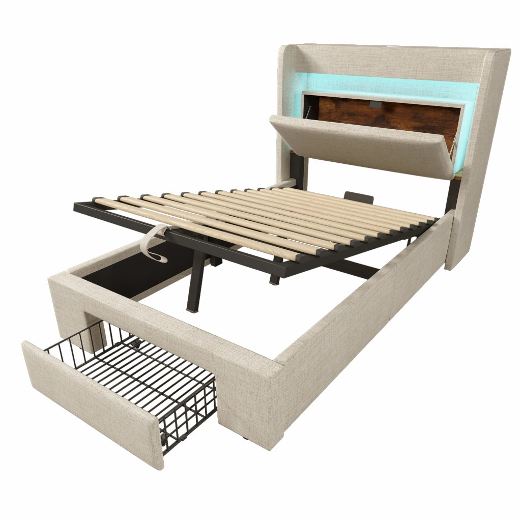 Letto imbottito 90x200 cm con contenitore idraulico, LED, USB/USB-C, cassetto e materasso