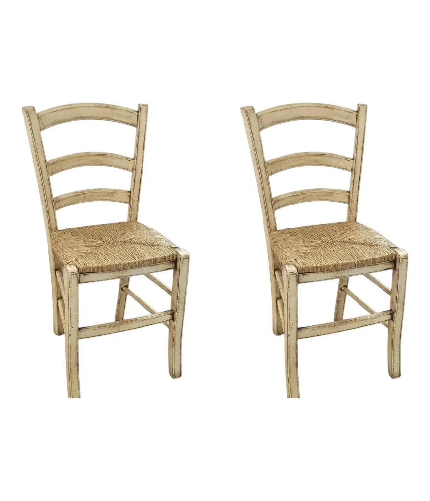 Set 2 sedie legno shabby avorio consumato seduta paglia 43x46x89 - Mobili 2G