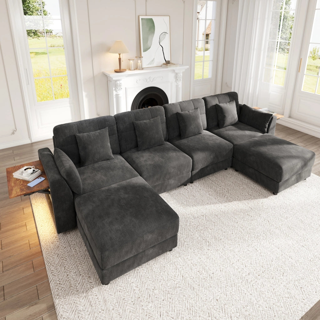 Divano angolare modulare a U e L con 2 pouf mobili, luci LED e tavolino pieghevole, in ciniglia grigio
