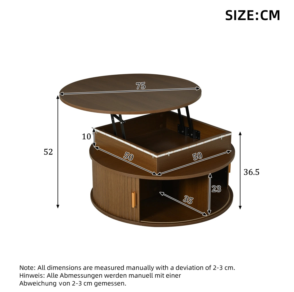 Tavolino da caffè rotondo regolabile con LED, contenitore e ante avvolgibili, noce, 75 cm