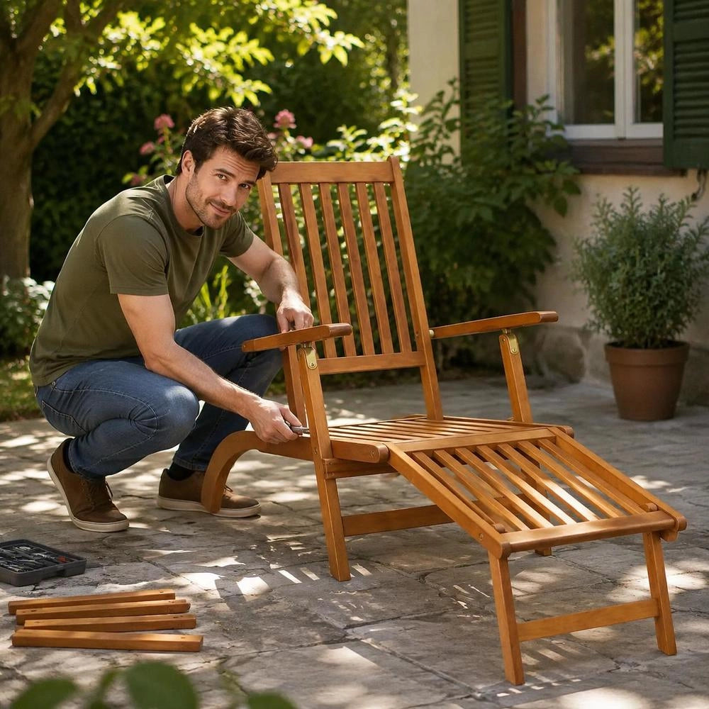 Garden Lounger With Footrest, Solid Acacia Wood
