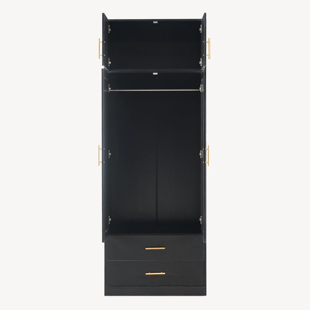 Armadio da Guardaroba Larundi con 4 Ante e 2 Cassetti 216 x 80 x 52 cm - Nero/Effetto Rattan [en.casa]
