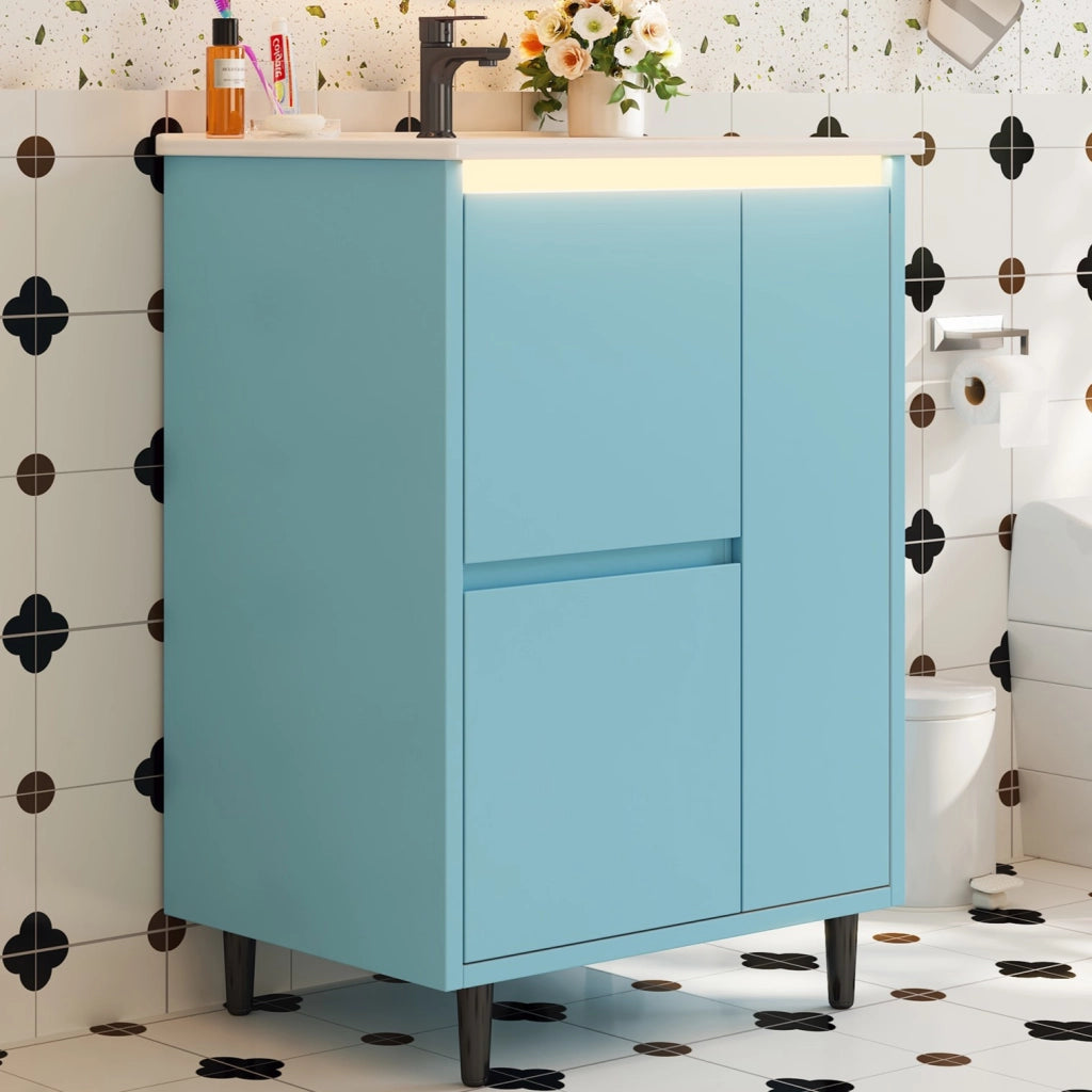 Mobile sottolavabo con lavabo in ceramica 1 anta e 2 cassetti per bagno in MDF e ceramica blu 61 × 46,5 × 87 cm