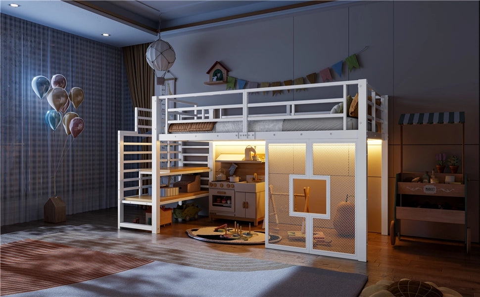 Letto a soppalco singolo 90 × 200 cm con scala contenitore, LED e finestre, senza materasso, bianco