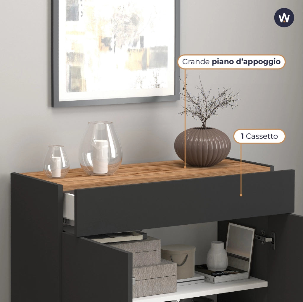 WHOUS Credenza Garda 2 ante e 1 cassetto antracite opaco e rovere 80,9x35x70 cm