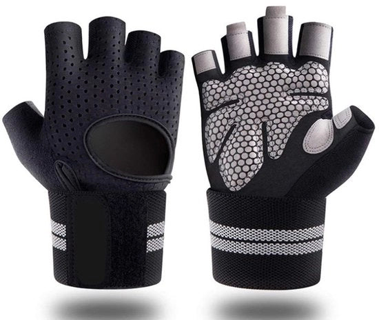 Guantoni di allenamento senza dita con cinturino di supporto - per uomo e donna - protezione completa della palma - nero - L