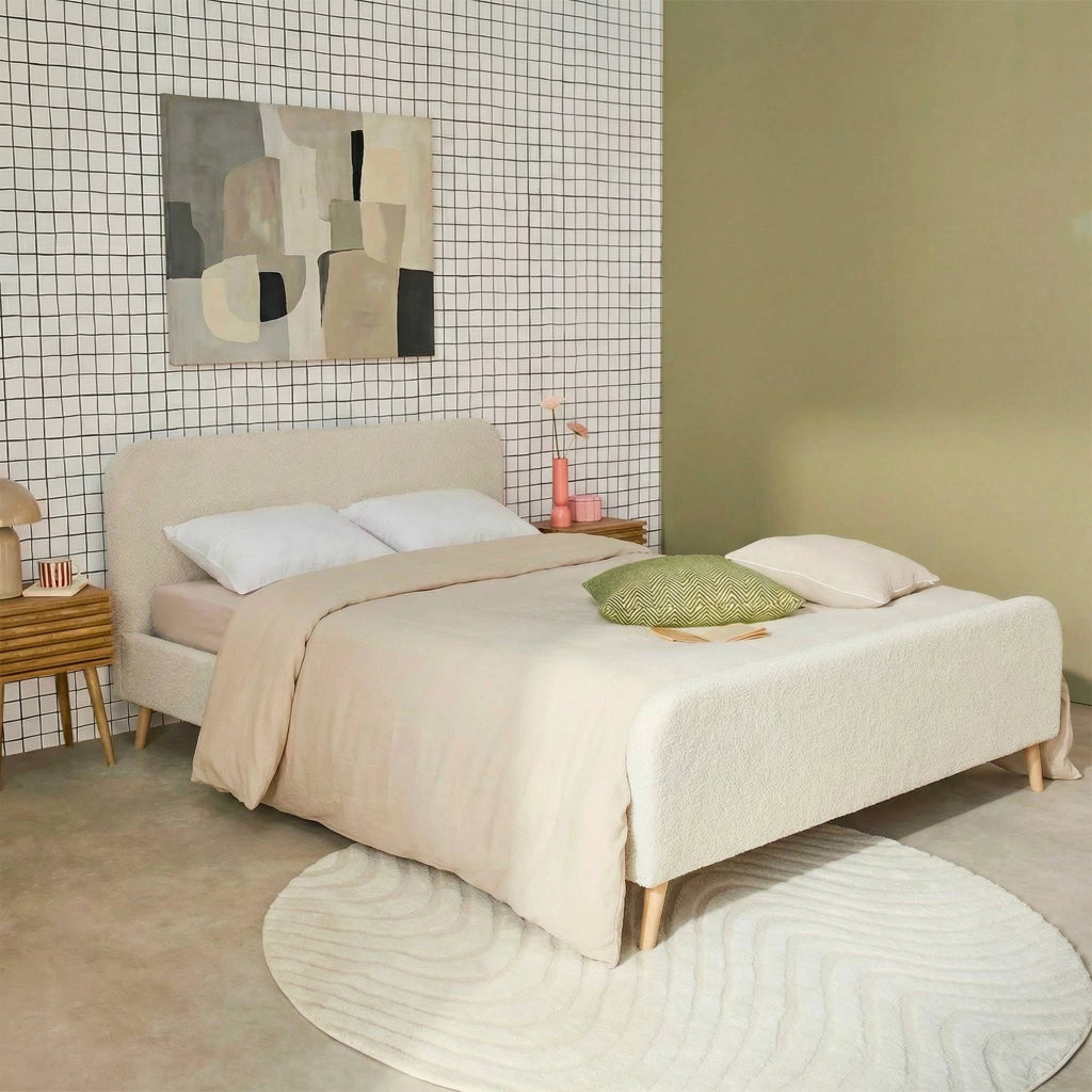 Letto con rete e testiera imbottita bouclé, 160x200cm, crema