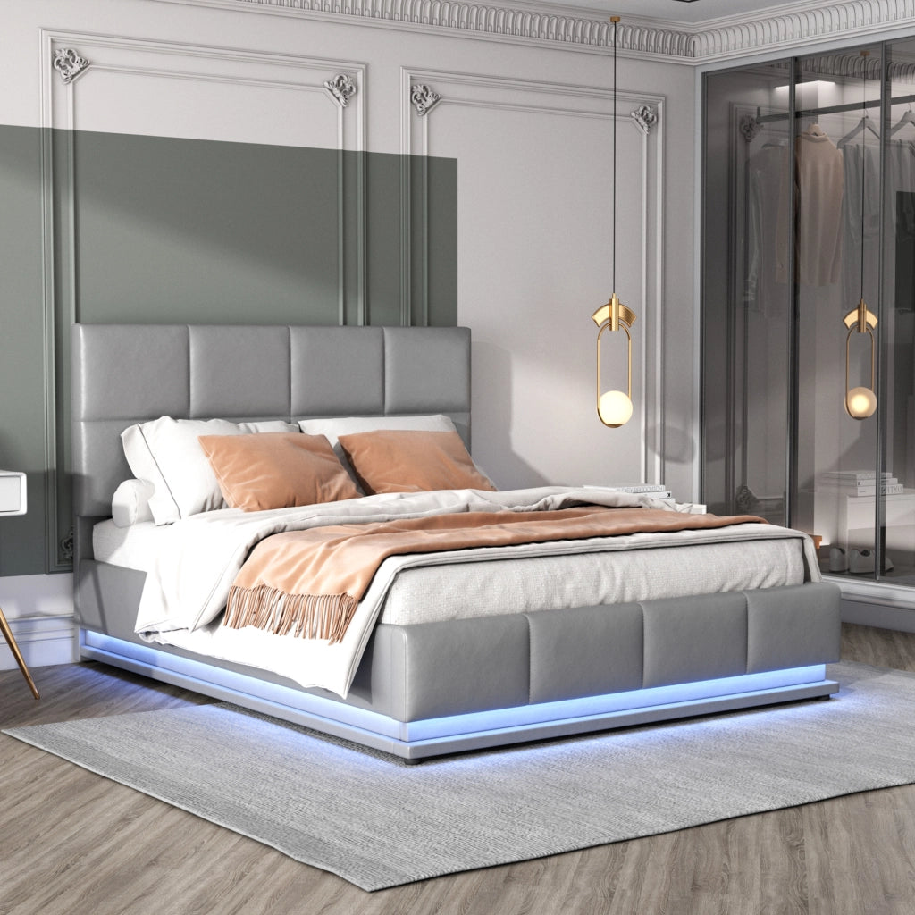 Letto doppio imbottito 140x200cm con luce LED e riporzione in grigio