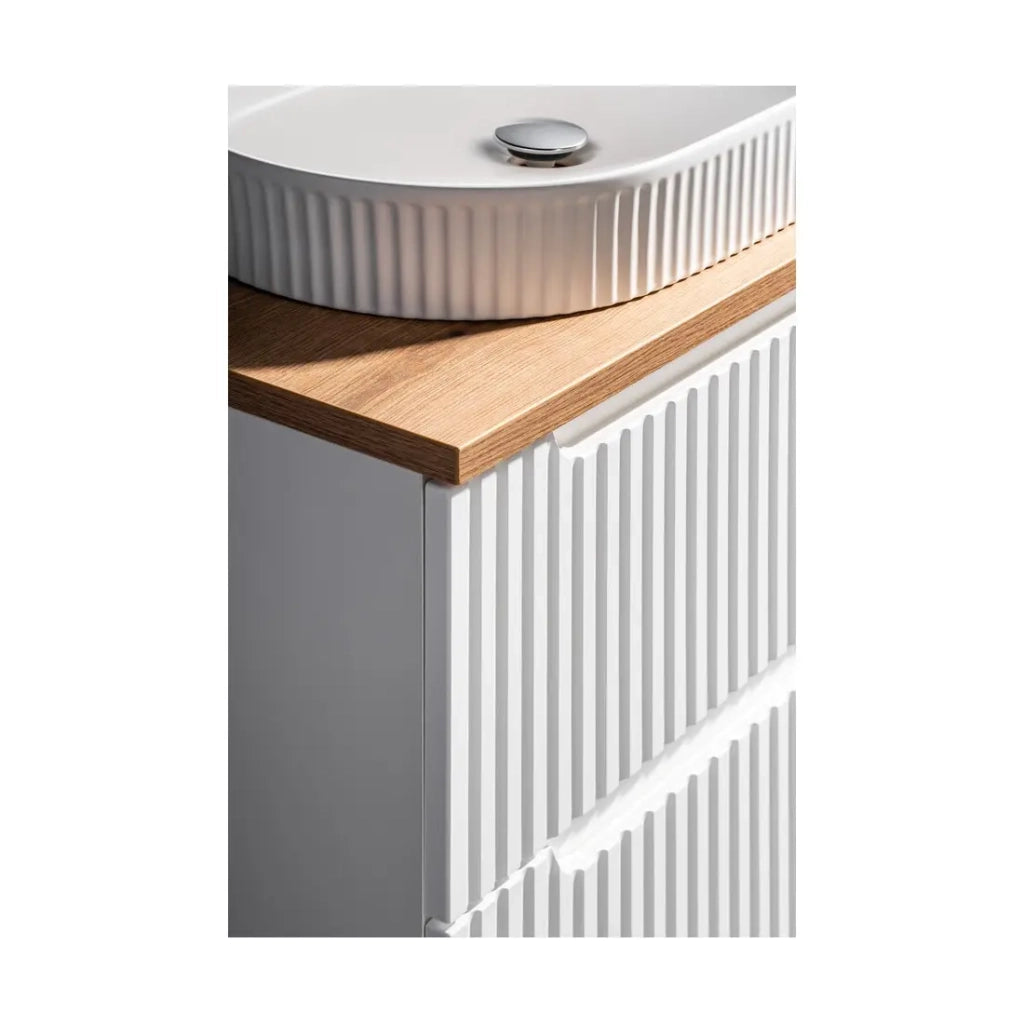 Set da bagno VANO bianco 80cm: mobile sottolavabo con cassetti + piano per lavabo + lavabo da appoggio bianco scanalato