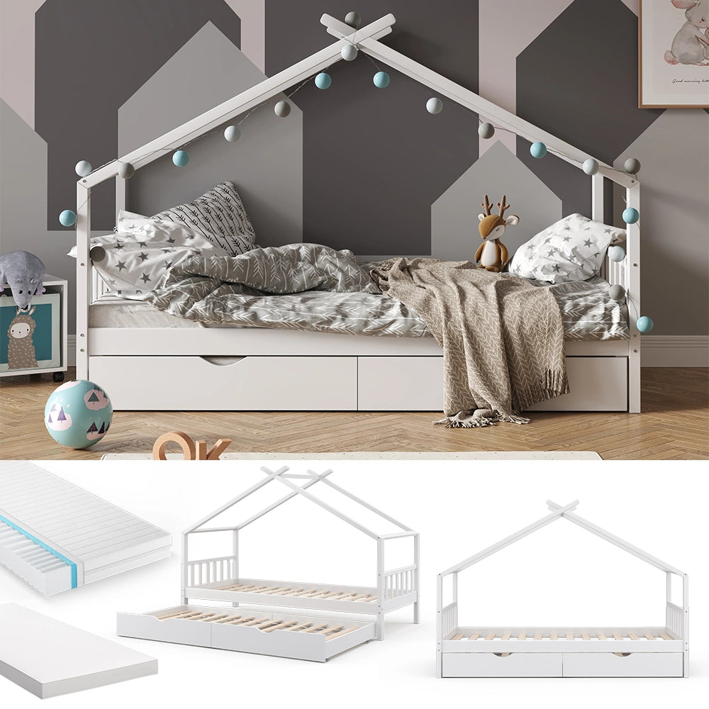 Vitalispa Letto montessori bambini Bianco 90x200 cm con letto per ospiti e 2 materassi