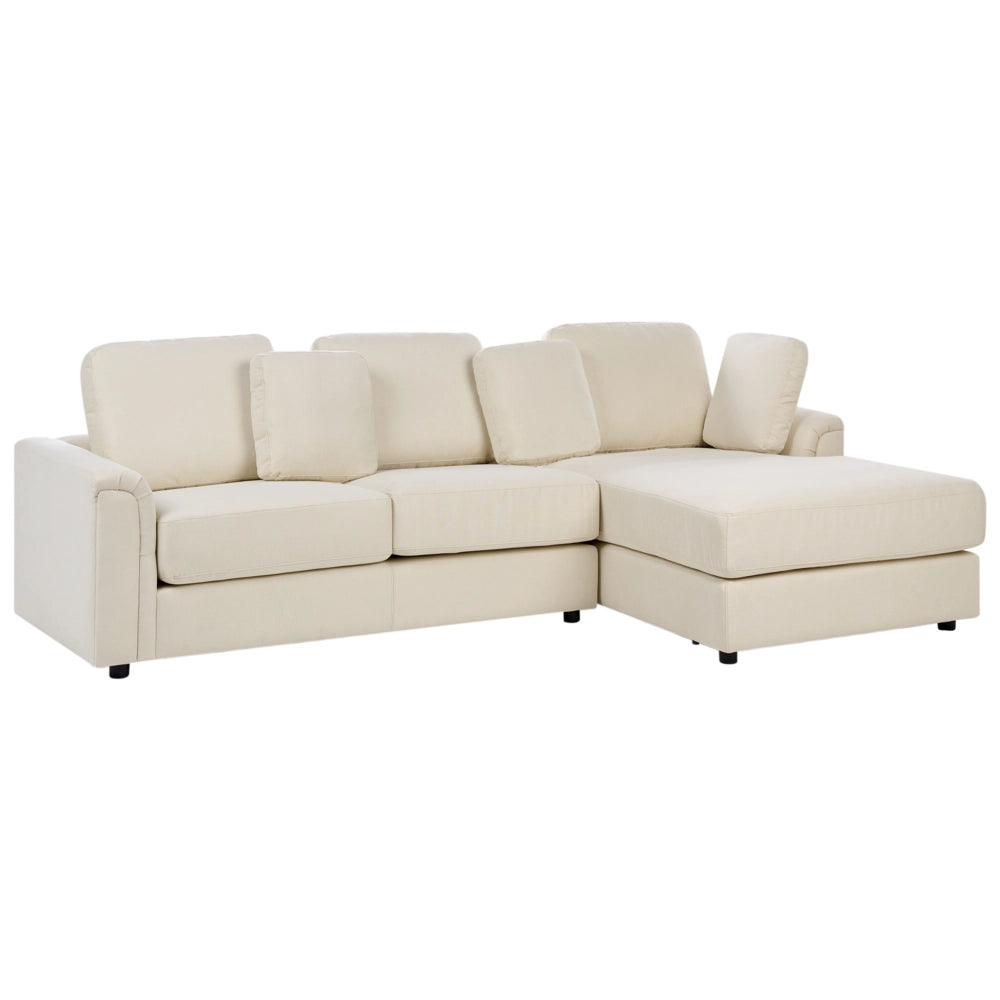 Divano moderno ad angolo con gambe in plastica in tessuto beige chiaro lato sinistro