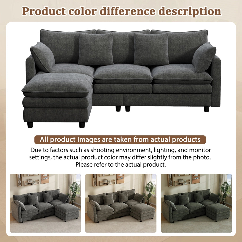 Divano angolare con chaise longue mobile 3 posti con 4 cuscini e 3 schienali in ciniglia grigia 212 × 150 × 90 cm