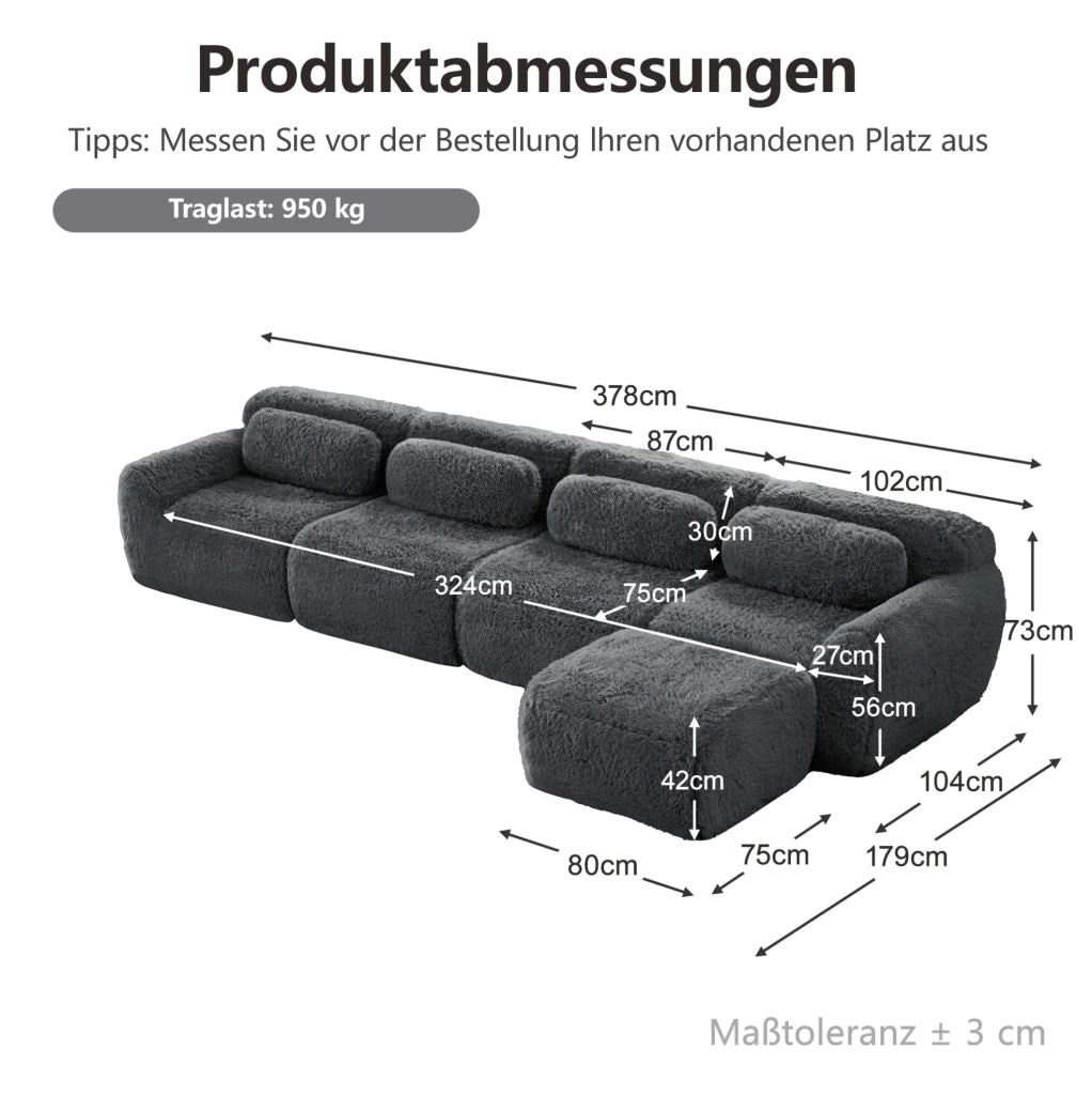 Divano angolare modulare 4 posti a L 378x179x73 cm in tessuto plush grigio con chaise longue