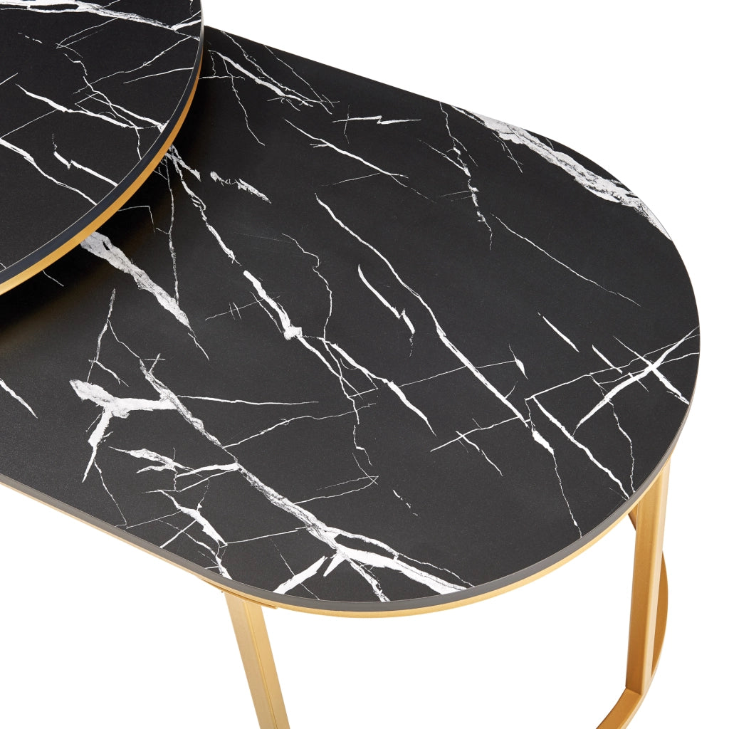 Set Oppeerg di 2 Tavolini Sovrapponibili da Salotto Rotondo e Ellittico - Effetto Marmo Nero/Dorato [en.casa]