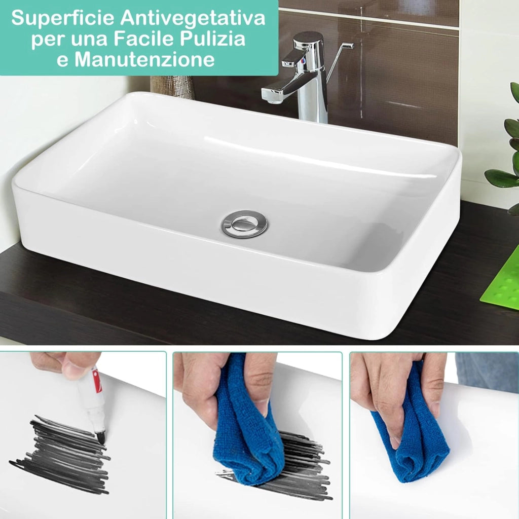 COSTWAY Lavandino Bagno in Ceramica, Lavabo da Appoggio Rettangolare 60 x 35 x 11 cm con Scarico a Scomparsa, Ideale per Cucina e Bagno